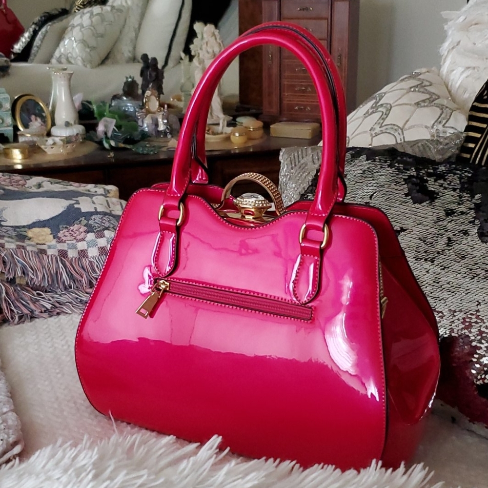 Hot Pink Patent leather bag with big diamond stone HP❤️❤️2 times - Picture 6 of 10
